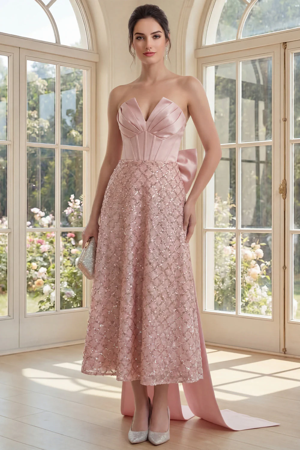 Corset busté à blush Une robe midi à la ligne nœud