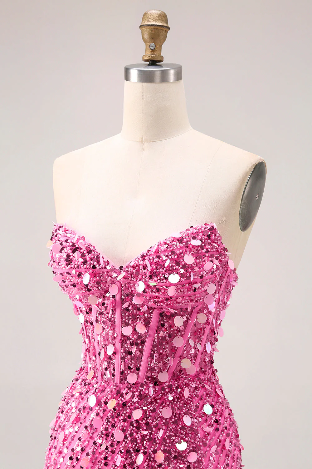 Robe de soirée longue sirène corset sans bretelles argentée scintillante avec fente - Image 23