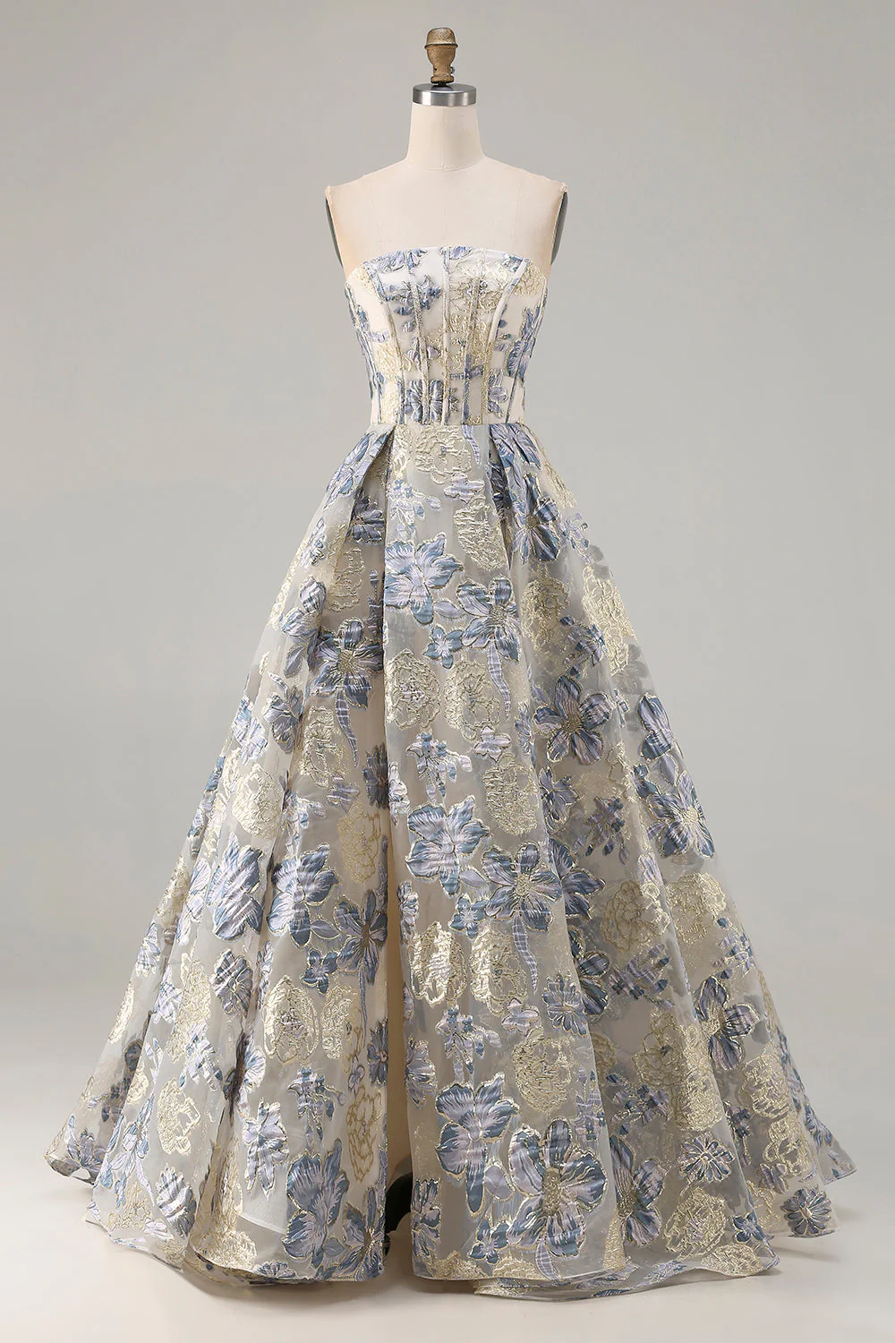 Corset bustier bleu fleuri poussiéreux Une robe de bal longue avec fente