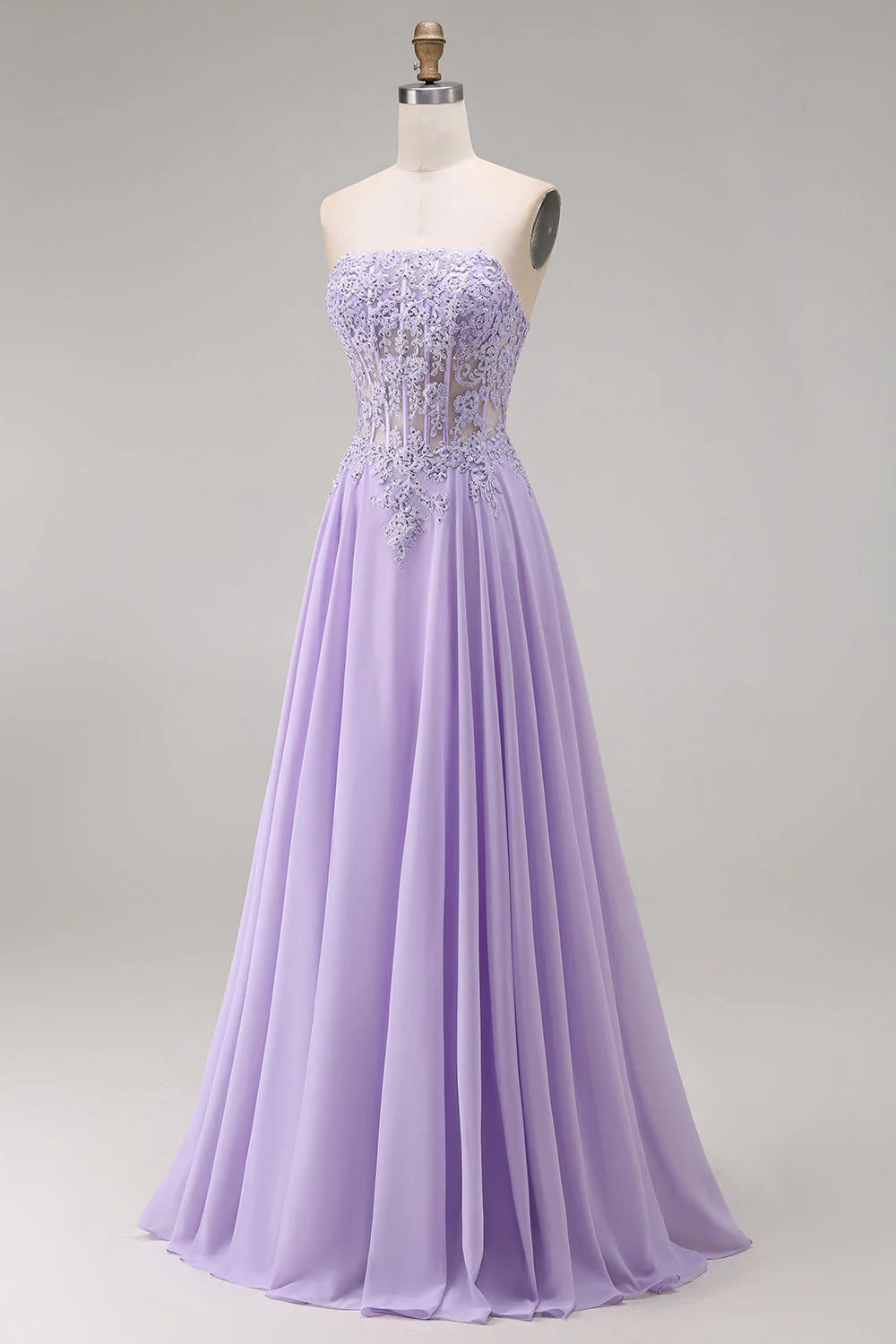 Robe de bal longue lilas tulle bustier ligne A appliquée - Image 3