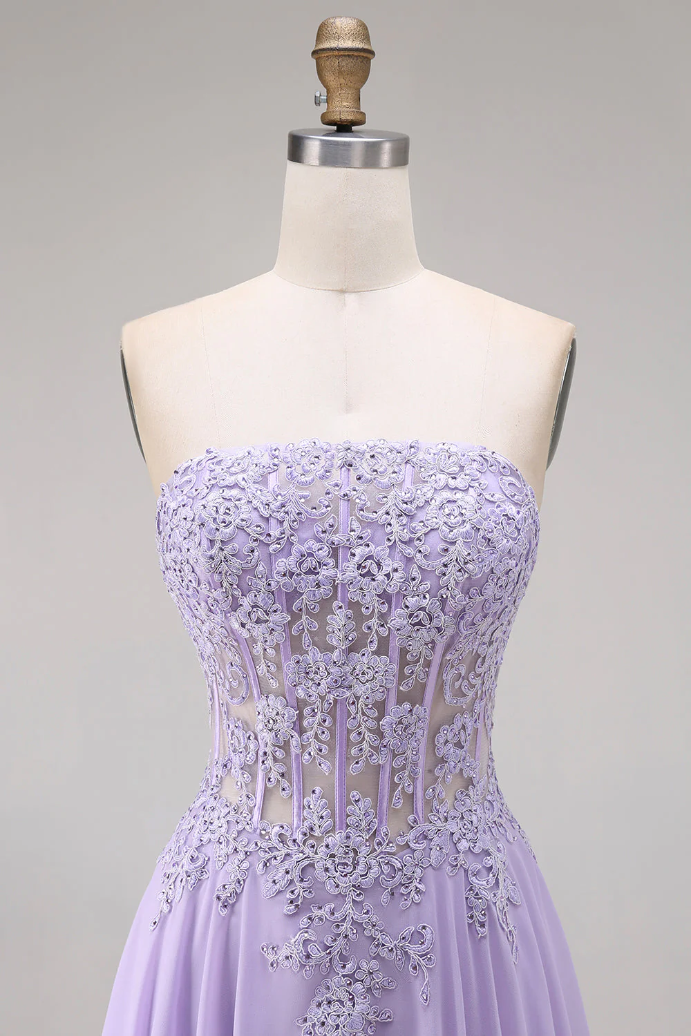 Robe de bal longue lilas tulle bustier ligne A appliquée - Image 4