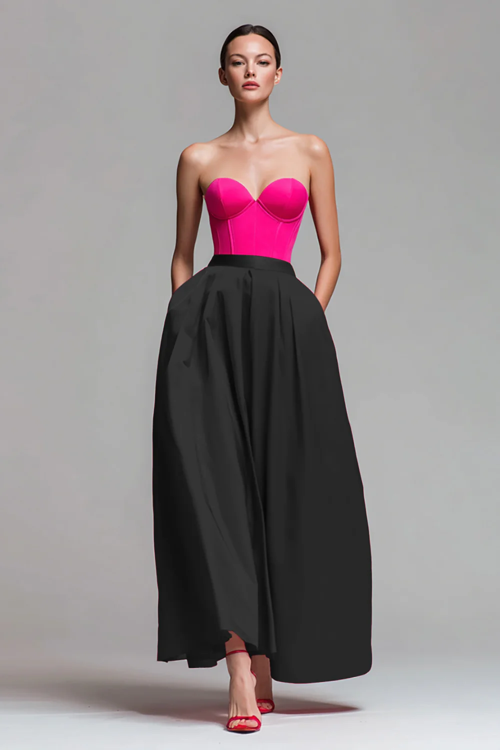 Robe formelle rouge et fuchsia trapèze bustier - Image 4