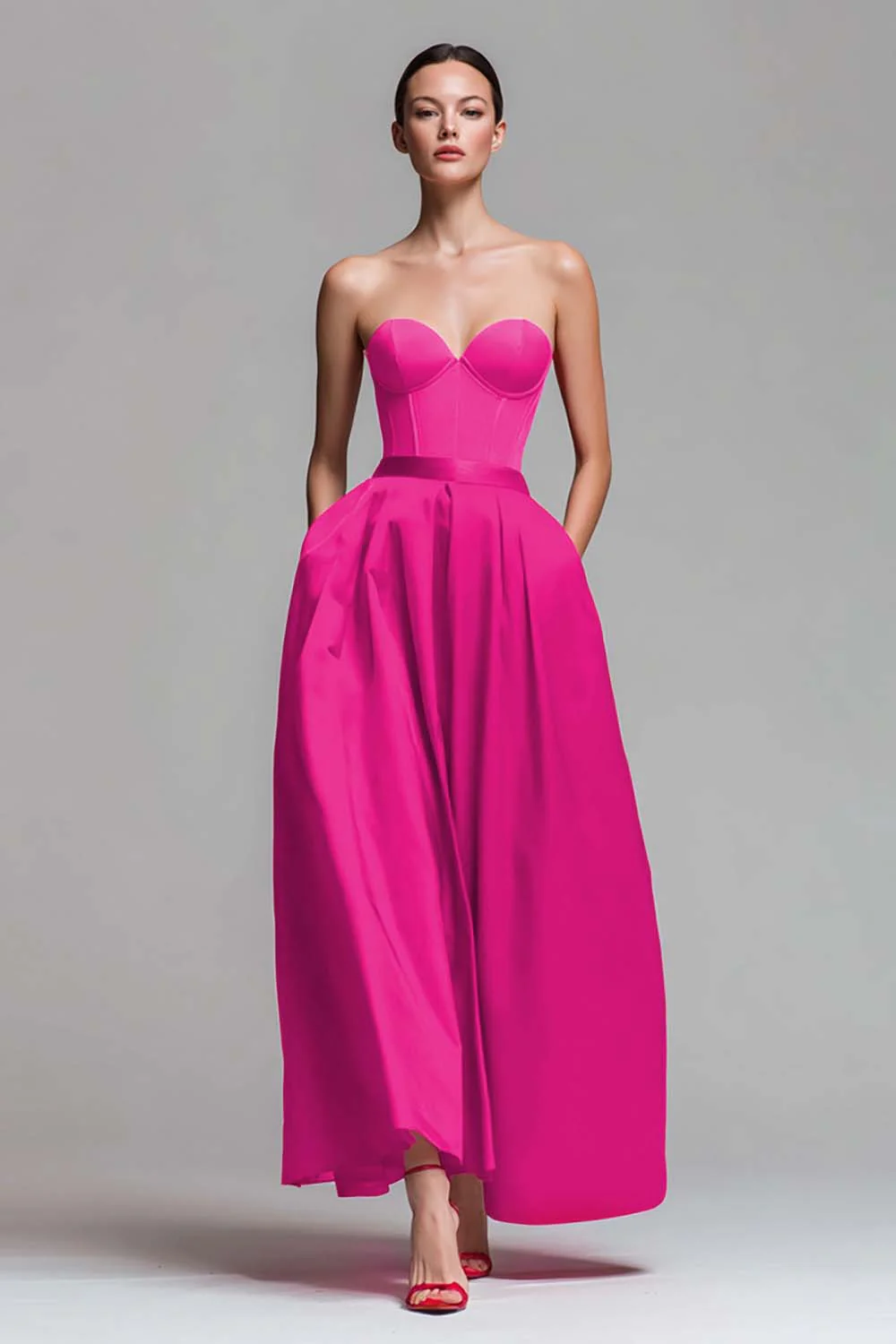 Robe formelle rouge et fuchsia trapèze bustier - Image 6