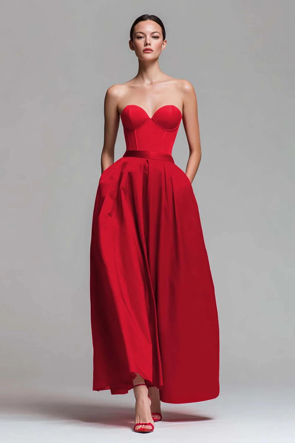 Robe formelle rouge et fuchsia trapèze bustier - Image 9