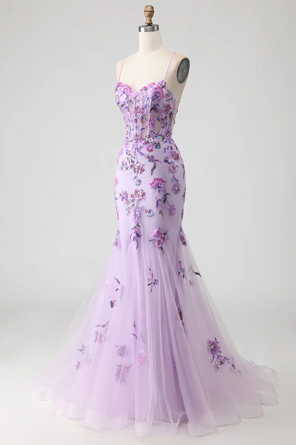 Corset de bal à boutons de sirène violette avec longues robe de bal avec perles - Image 3