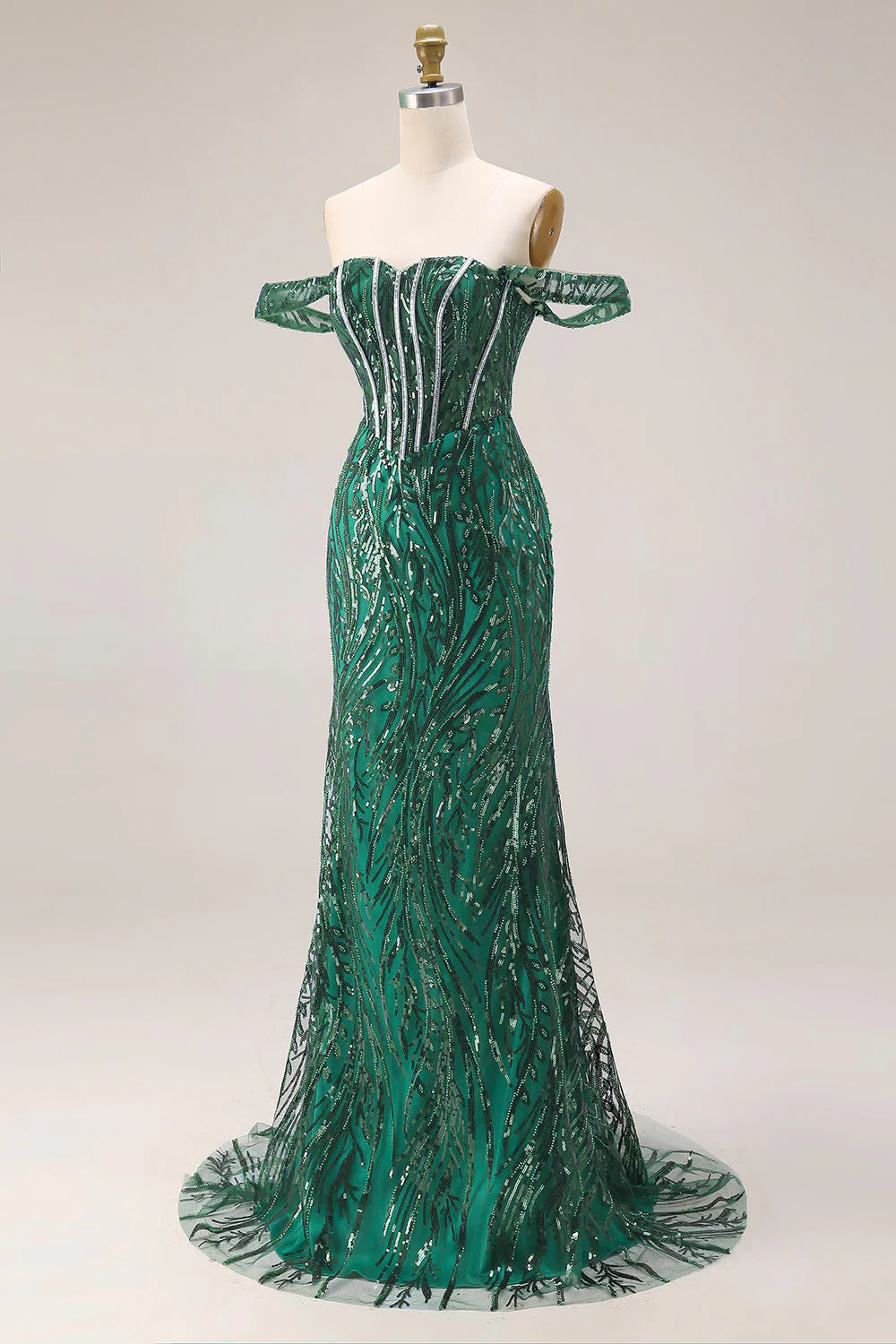 Corset de bal à paillettes en paillettes, sirène vert foncé et longue robe de bal avec perles - Image 3