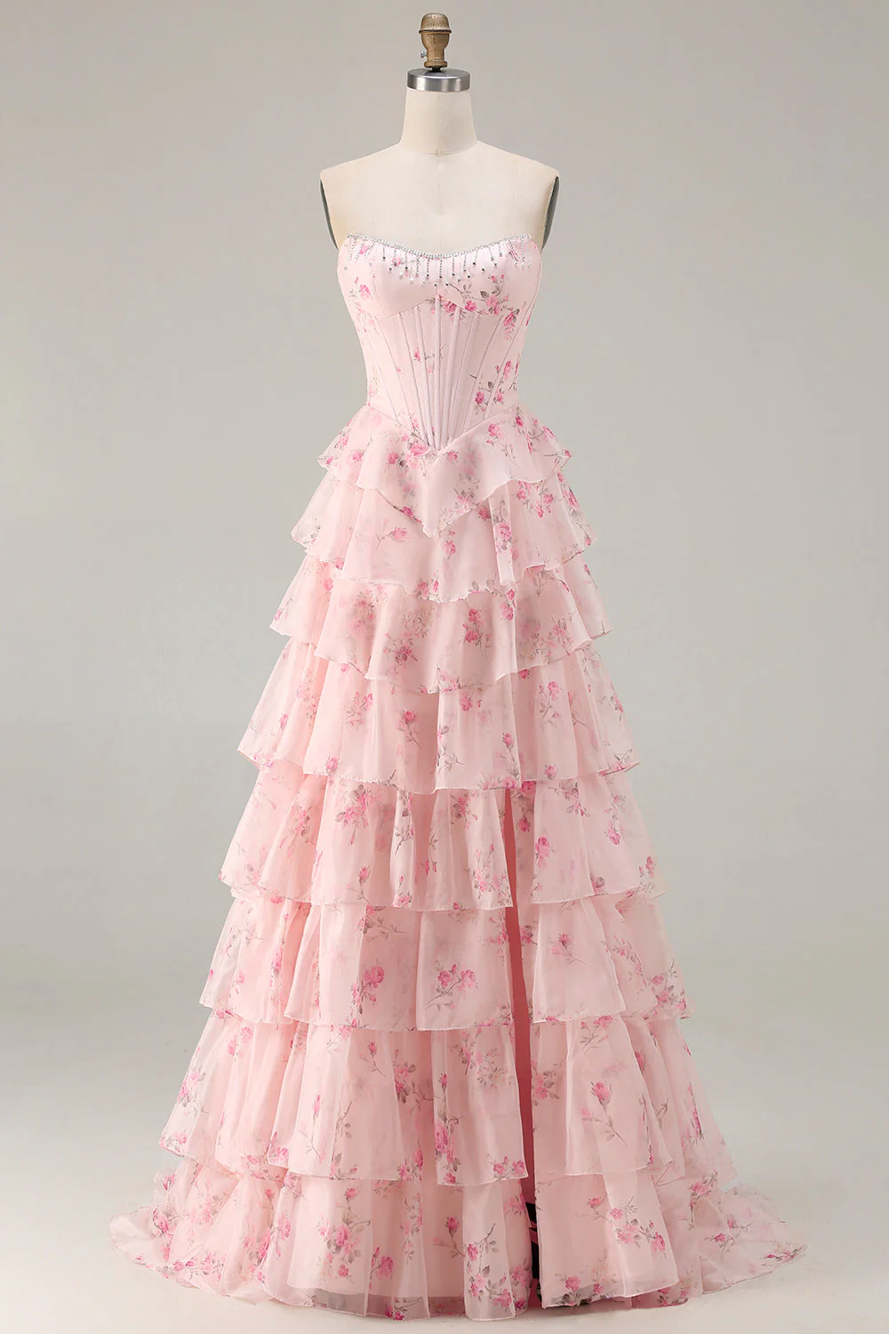 Robe de soirée longue rose bustier à volants superposés avec fleurs et fente