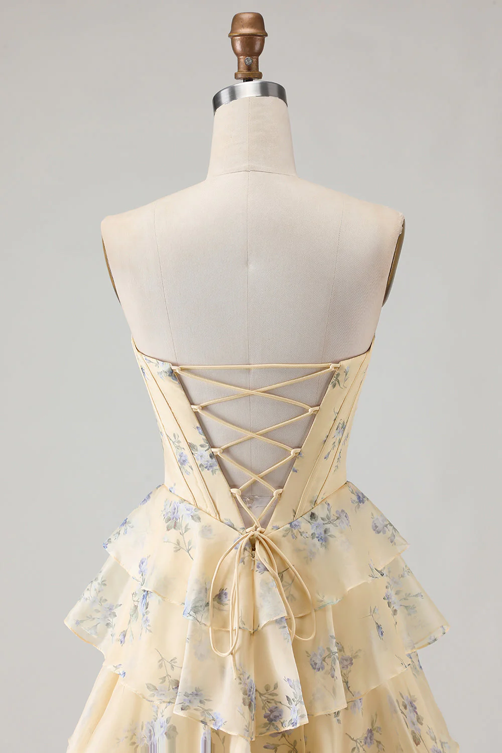 Robe de soirée longue rose bustier à volants superposés avec fleurs et fente - Image 11