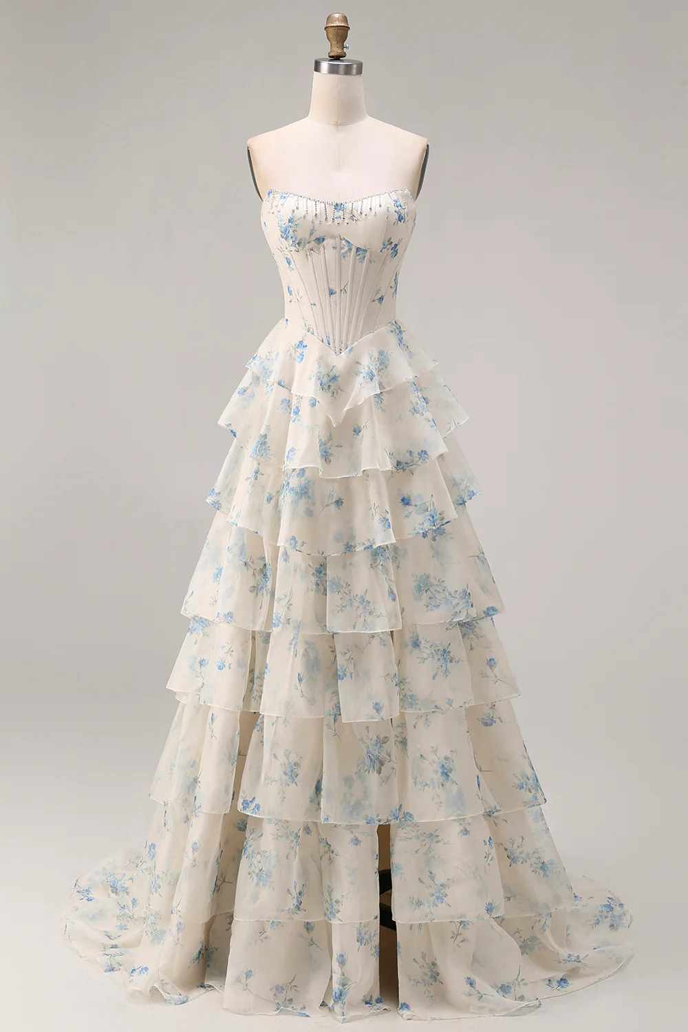 Robe de soirée longue Jaune bustier à volants superposés sans bretelles - Image 13