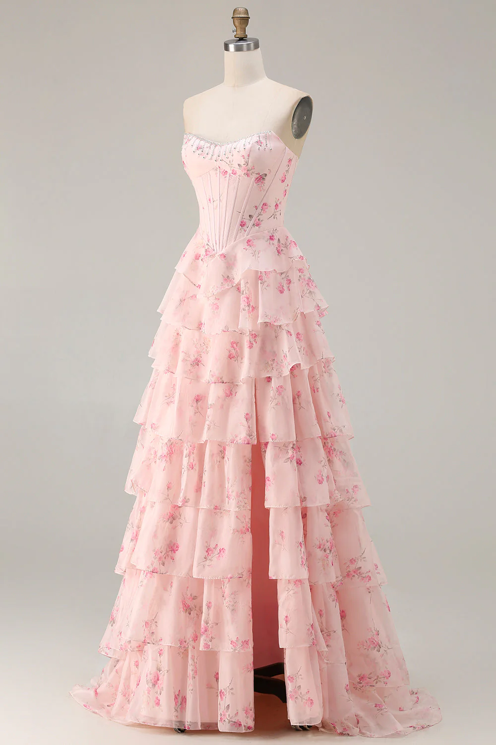 Robe de soirée longue rose bustier à volants superposés avec fleurs et fente - Image 3