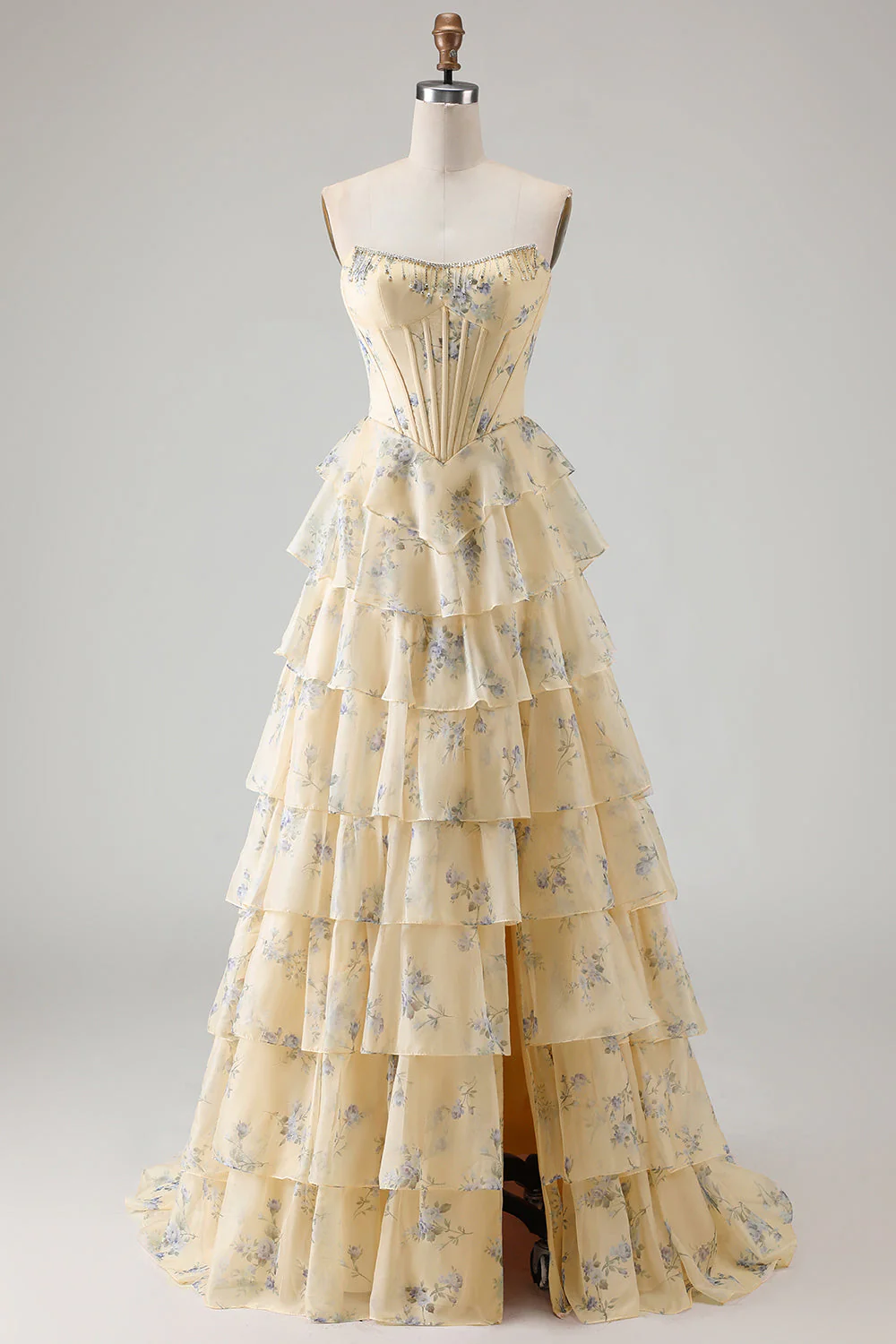 Robe de soirée longue rose bustier à volants superposés avec fleurs et fente - Image 7