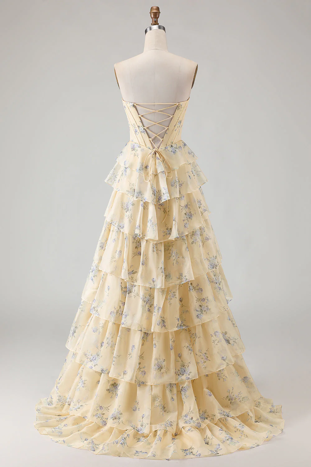 Robe de soirée longue rose bustier à volants superposés avec fleurs et fente - Image 8