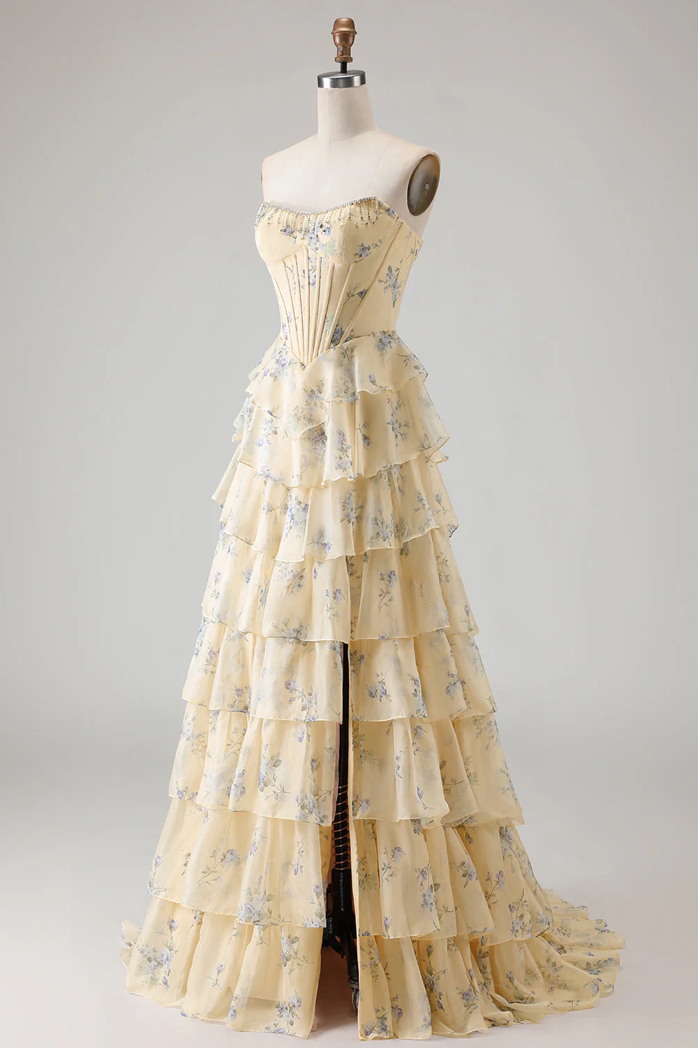 Robe de soirée longue rose bustier à volants superposés avec fleurs et fente - Image 9