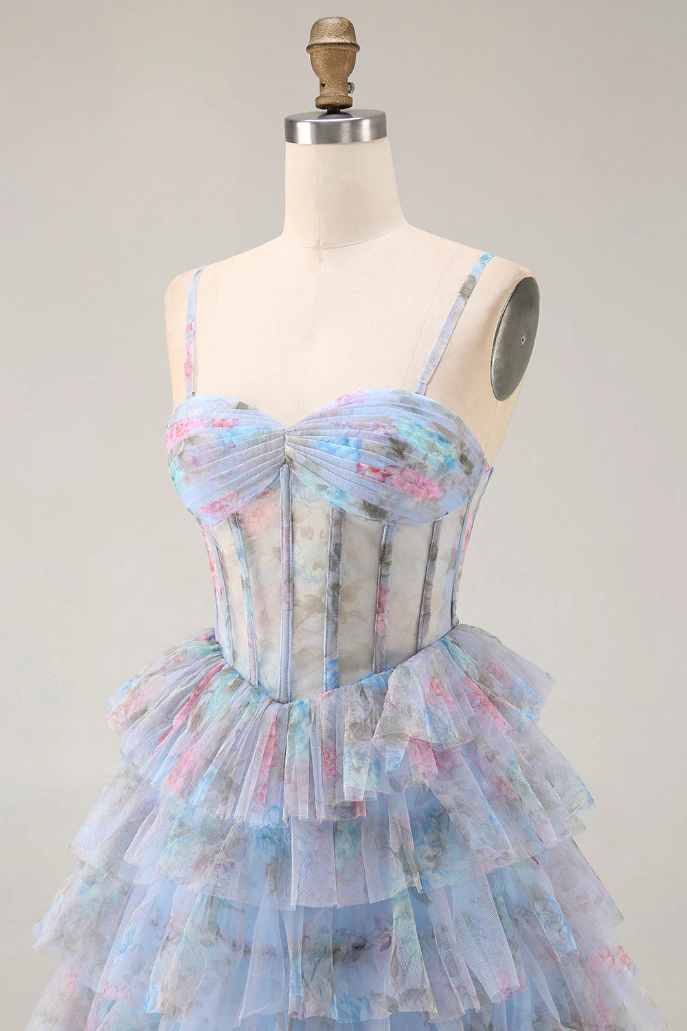 Robe de soirée à corset à volants et fleurs bleues - Image 6
