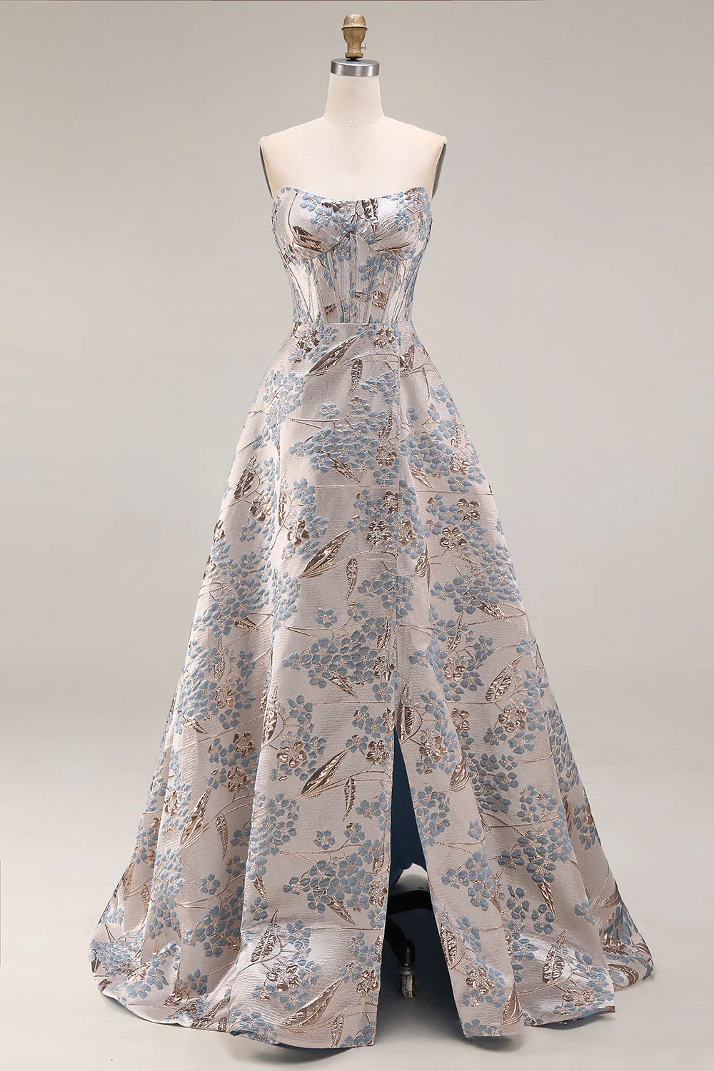Corset de bal argenté Silver Jacquard bustless A Line Longue robe de bal avec fente