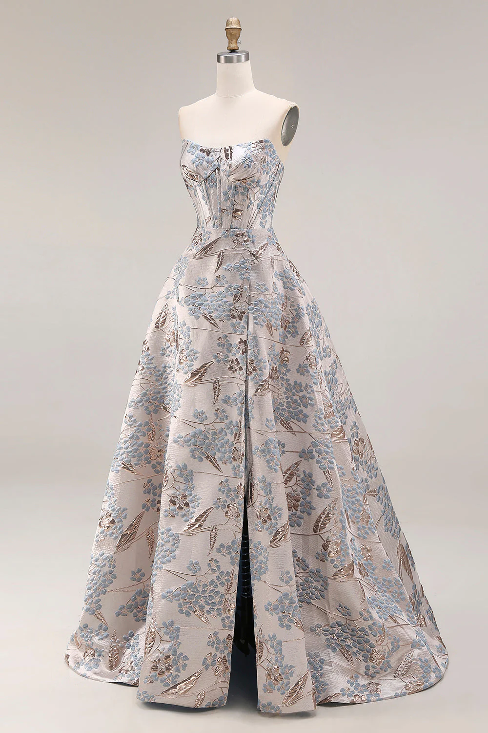 Corset de bal argenté Silver Jacquard bustless A Line Longue robe de bal avec fente - Image 3