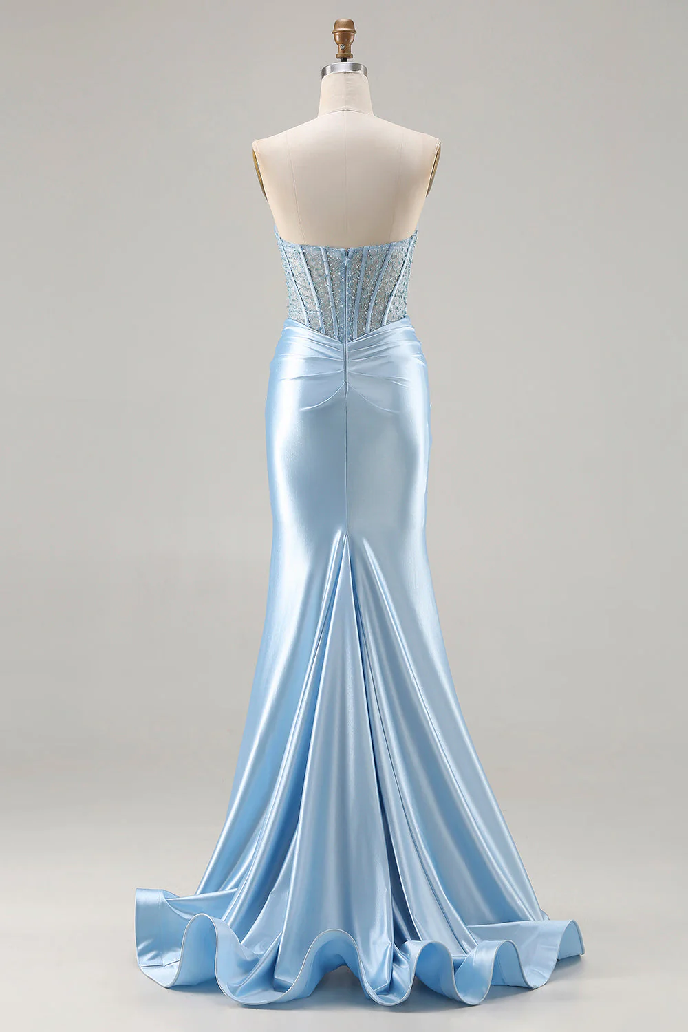 Robe de soirée longue bleu ciel sirène bustier sans bretelles perlée fendue - Image 2