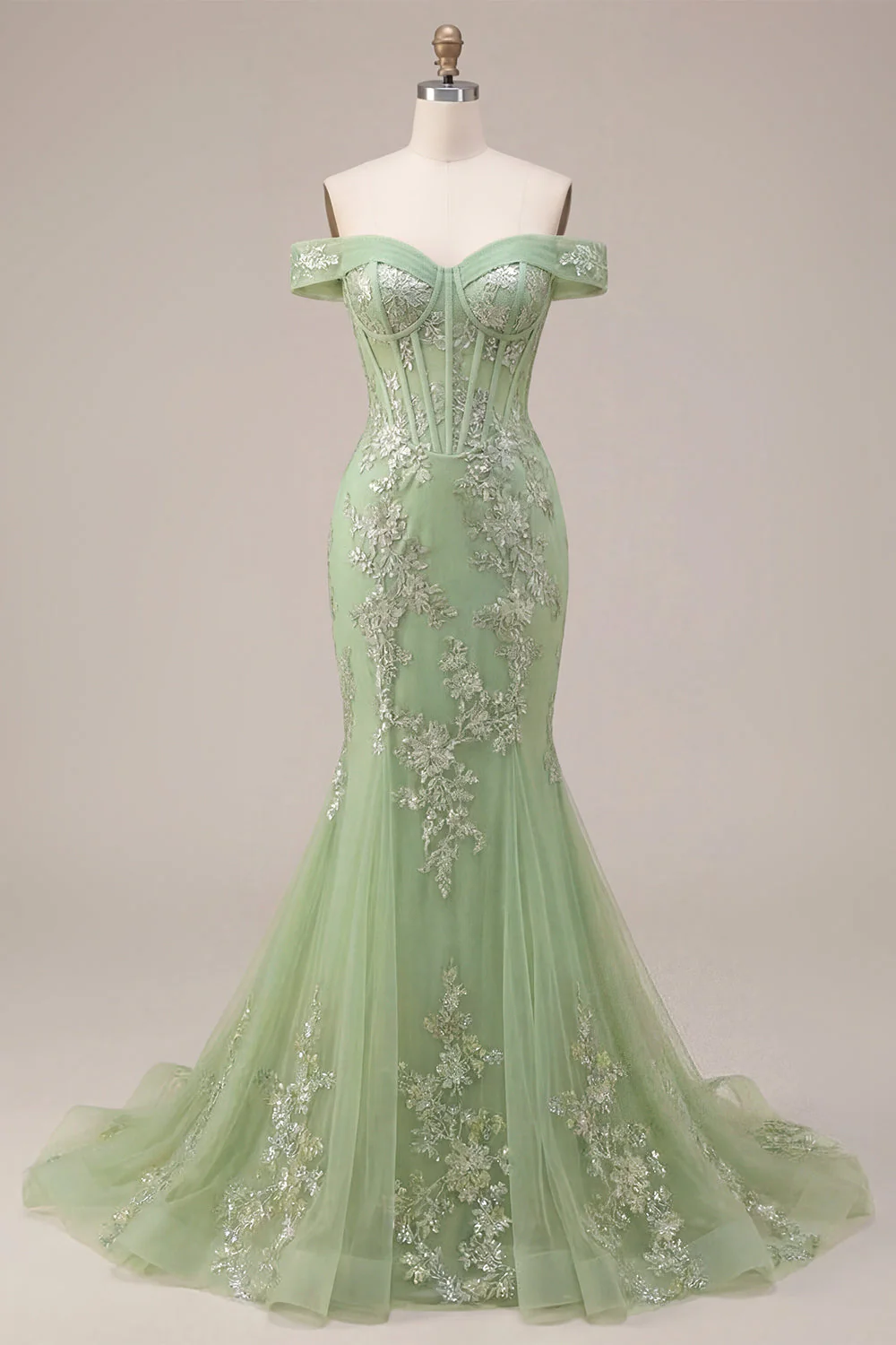 Corset de bal, corset décollé vert sirène et longue robe de bal appliquée