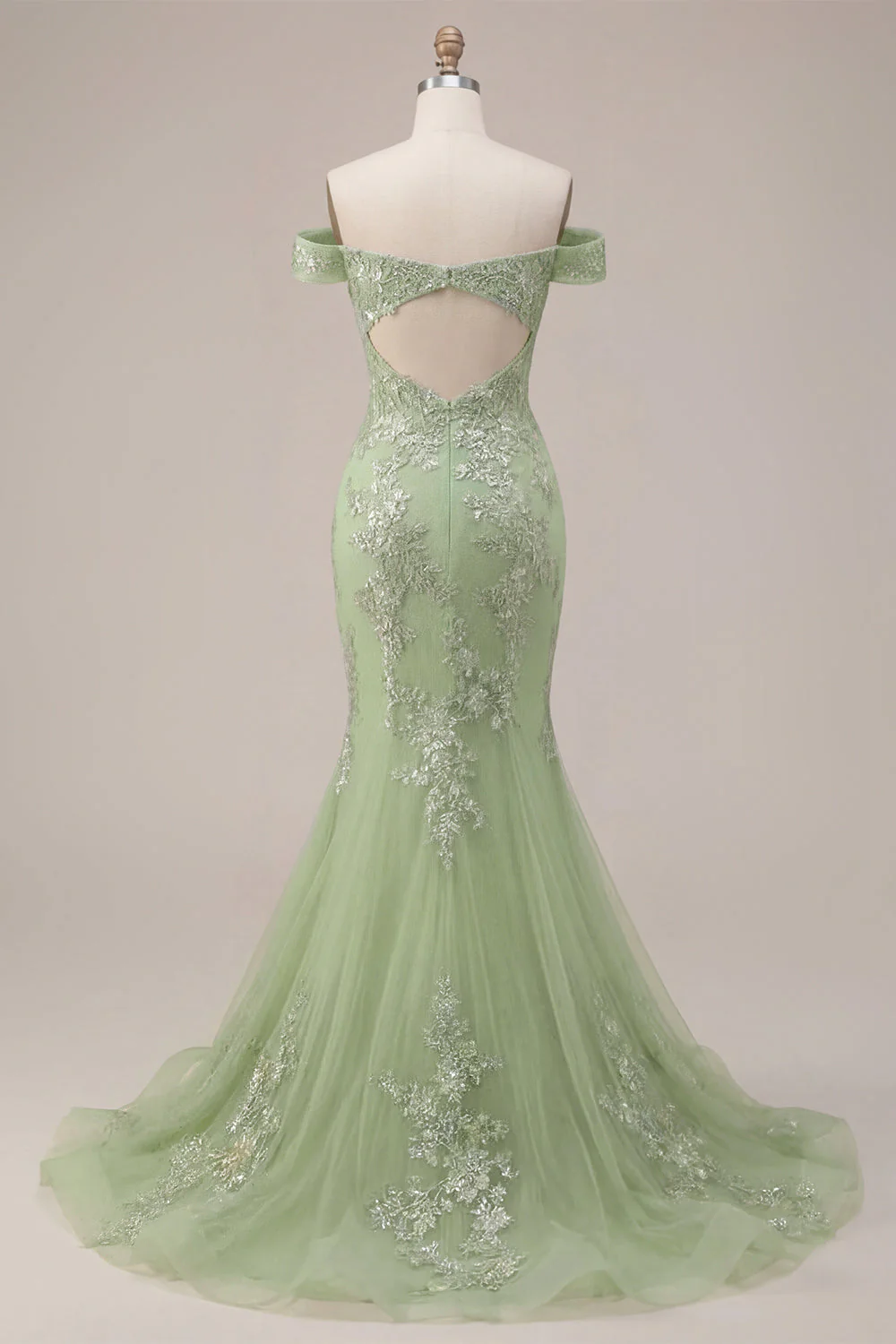 Corset de bal, corset décollé vert sirène et longue robe de bal appliquée - Image 2