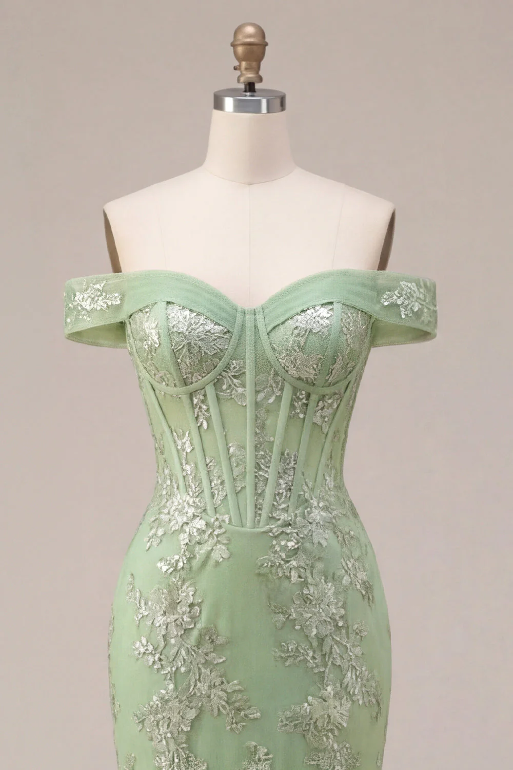 Corset de bal, corset décollé vert sirène et longue robe de bal appliquée - Image 5