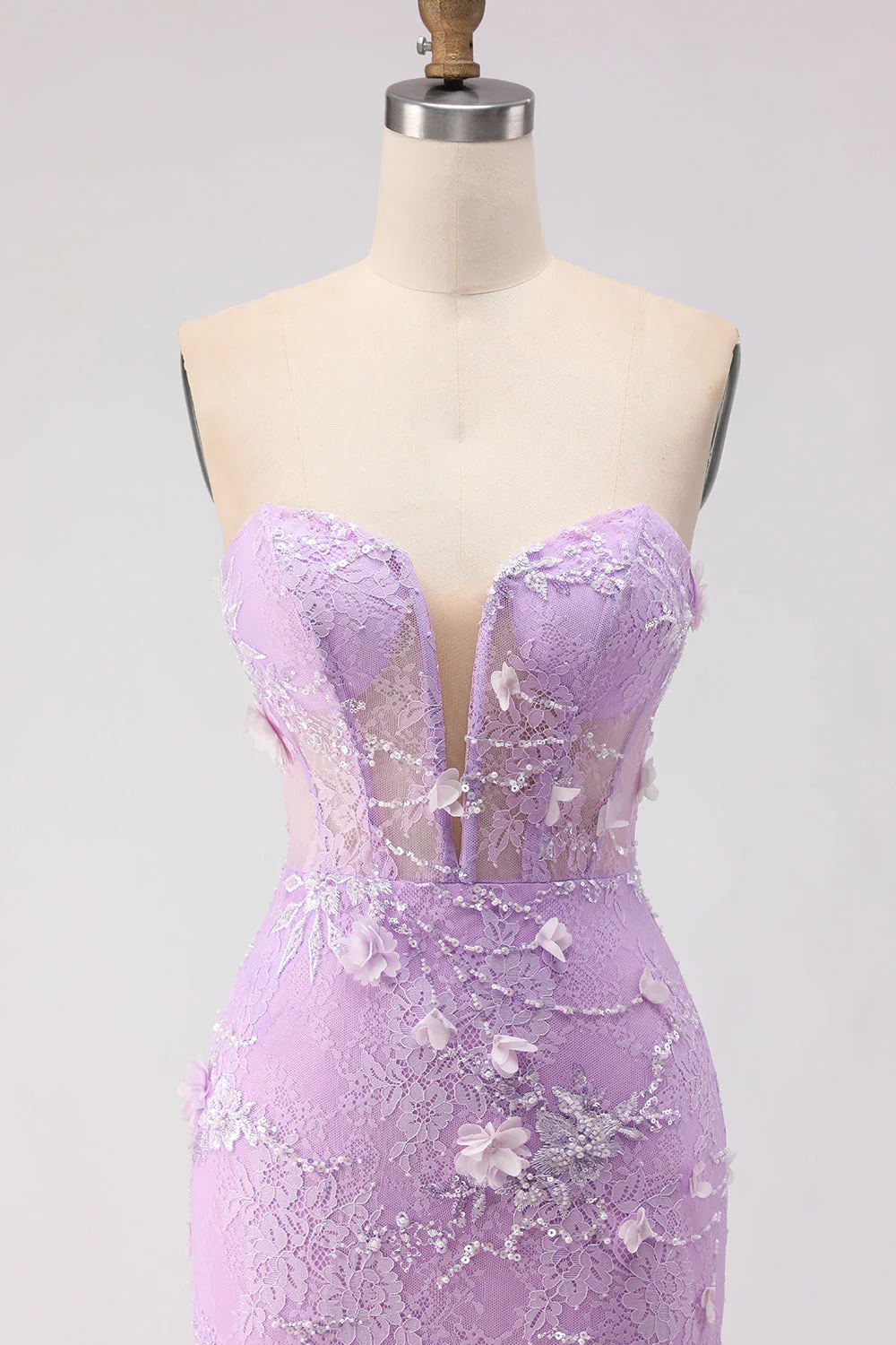 Robe de soirée longue jaune coupe sirène en dentelle sans bretelles avec perles - Image 10