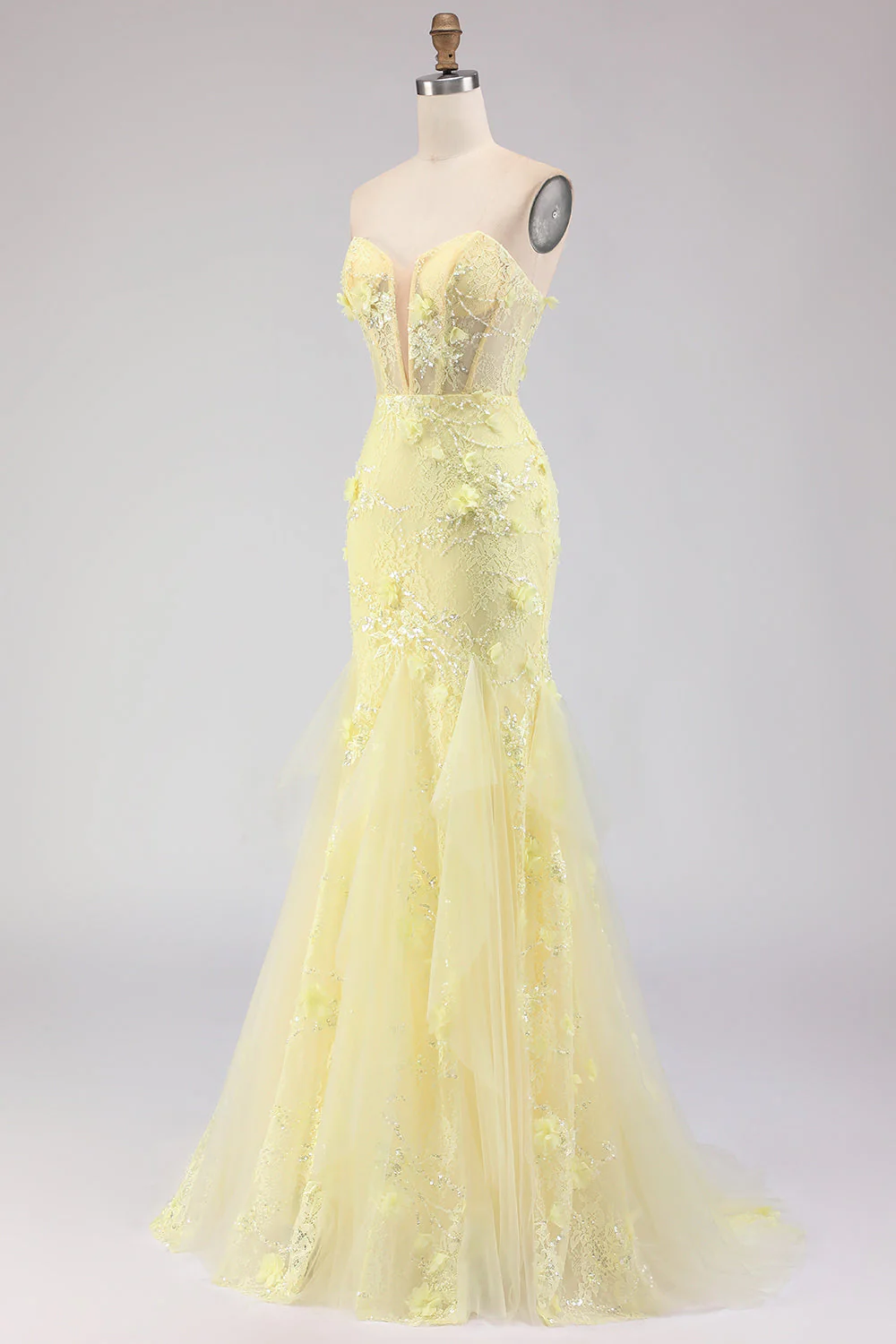 Robe de soirée longue jaune coupe sirène en dentelle sans bretelles avec perles - Image 3