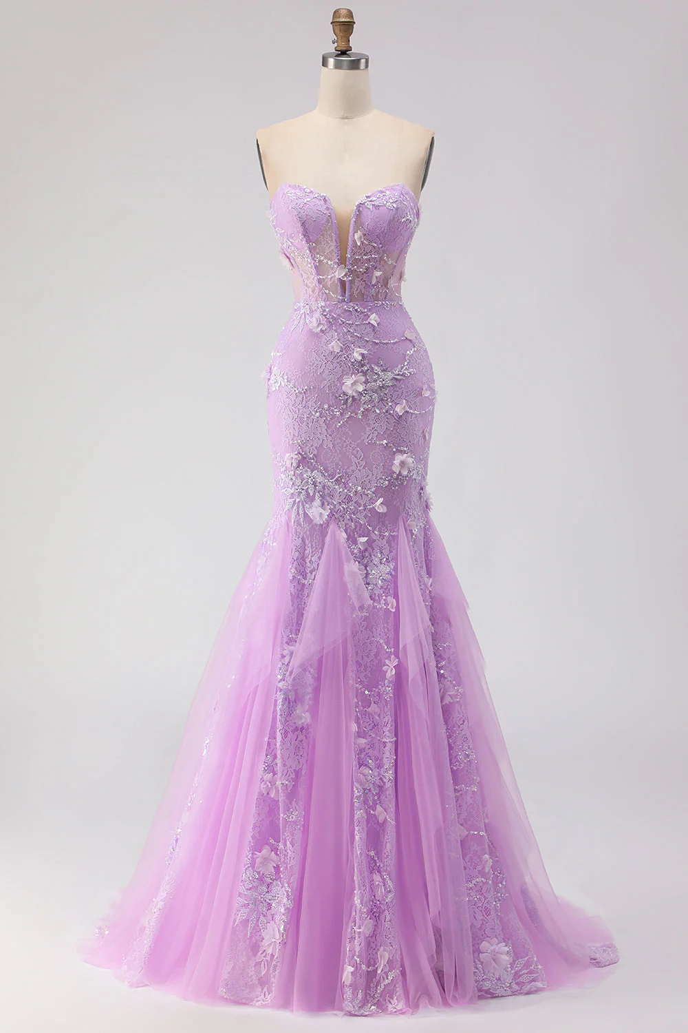 Robe de soirée longue jaune coupe sirène en dentelle sans bretelles avec perles - Image 7