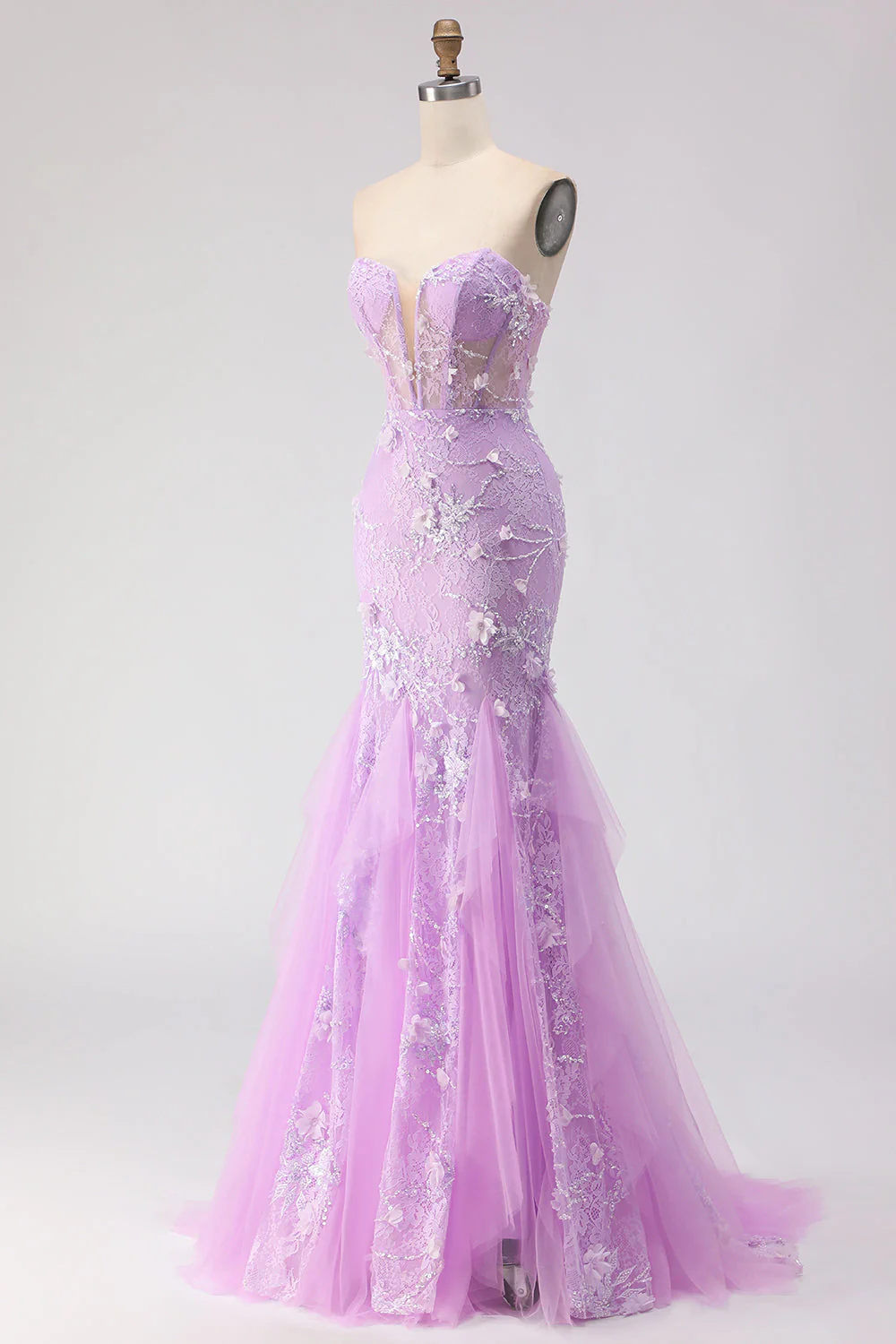 Robe de soirée longue jaune coupe sirène en dentelle sans bretelles avec perles - Image 9