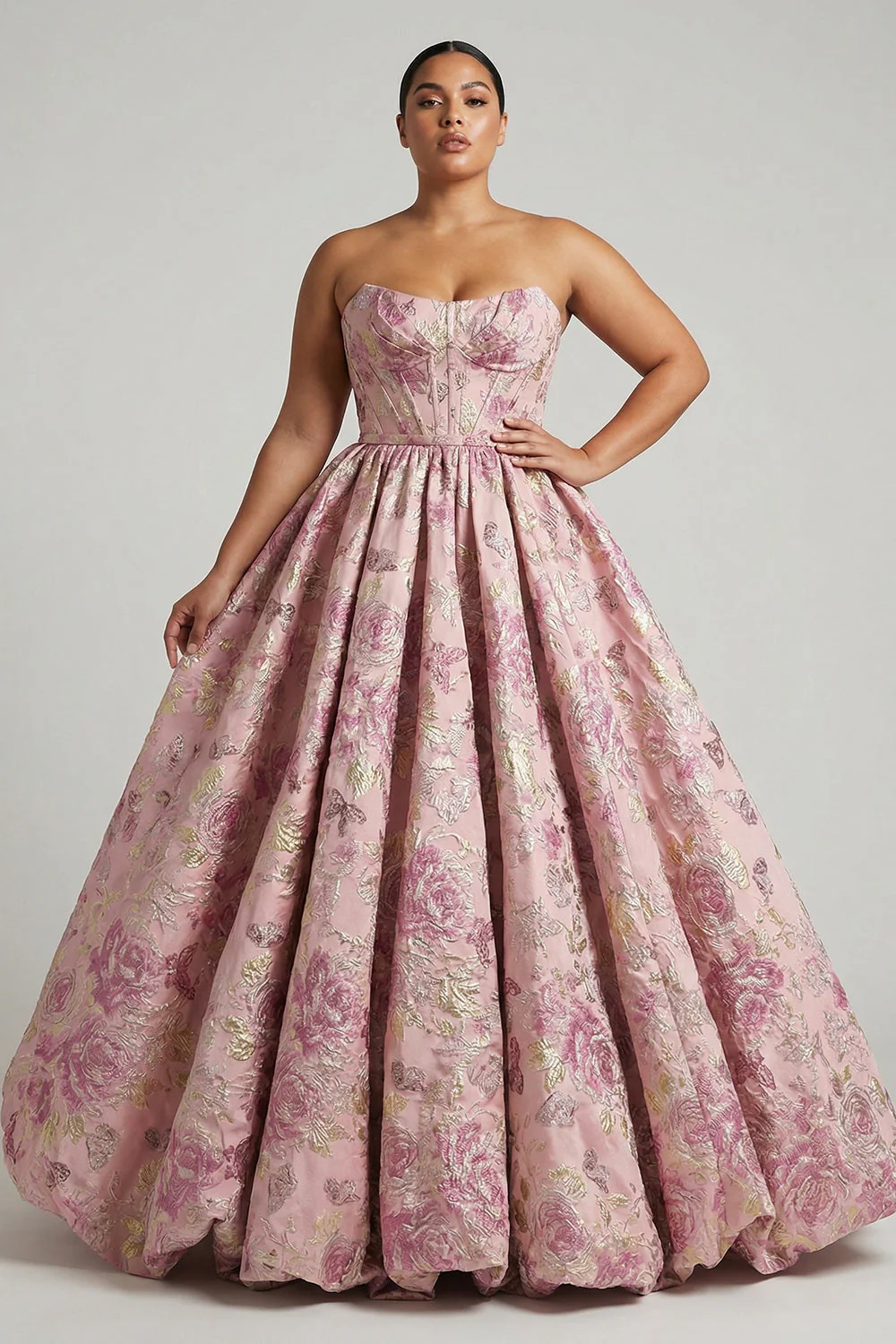 Robe de bal longue grande taille rose bustier floral dos dentelle - Image 5