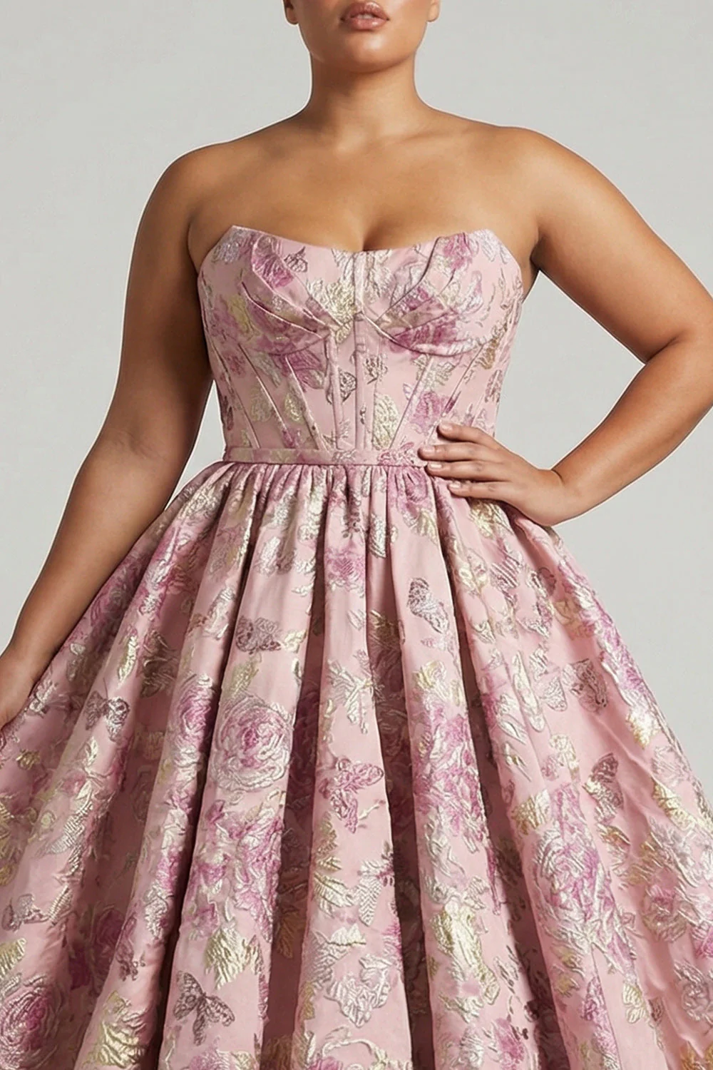 Robe de bal longue grande taille rose bustier floral dos dentelle - Image 6