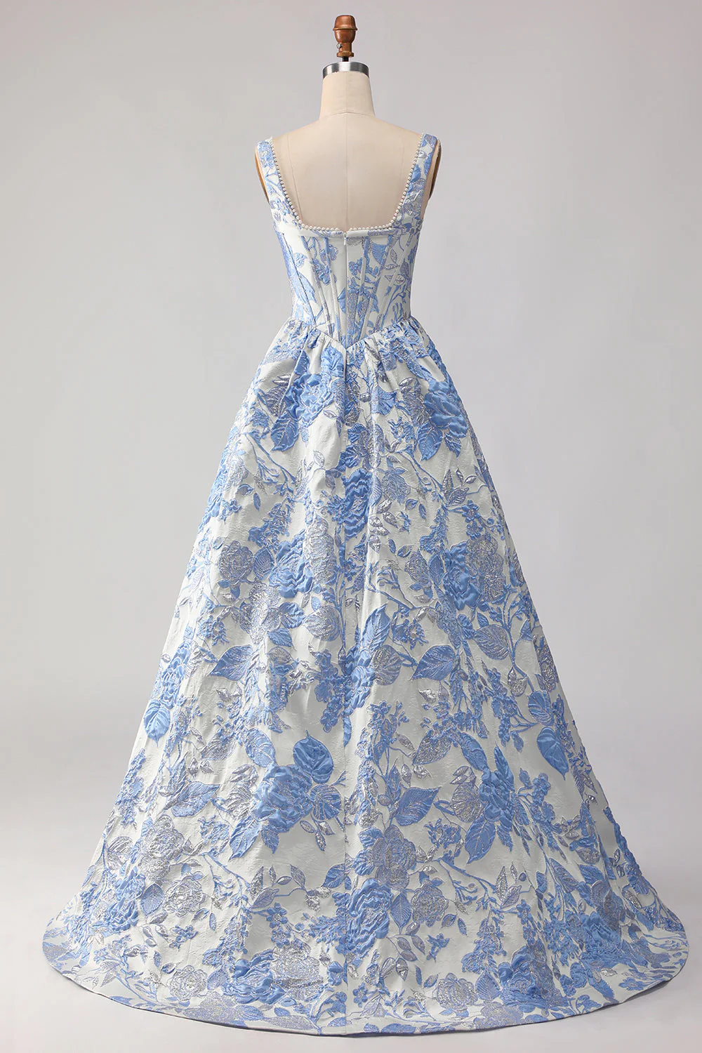 Corset de bal Jacquard brocart A-Line A-Line Bleu clair Longue robe de bal avec des perles - Image 2