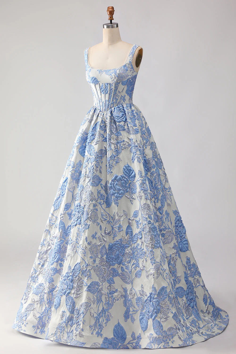 Corset de bal Jacquard brocart A-Line A-Line Bleu clair Longue robe de bal avec des perles - Image 3
