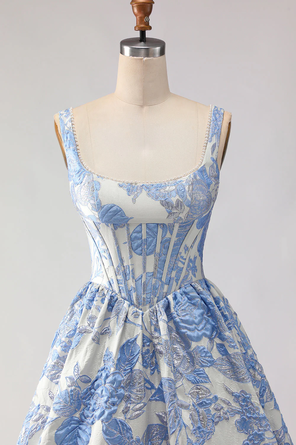 Corset de bal Jacquard brocart A-Line A-Line Bleu clair Longue robe de bal avec des perles - Image 4