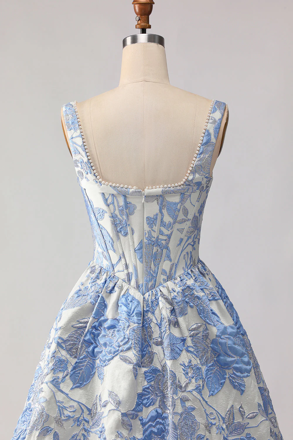 Corset de bal Jacquard brocart A-Line A-Line Bleu clair Longue robe de bal avec des perles - Image 5
