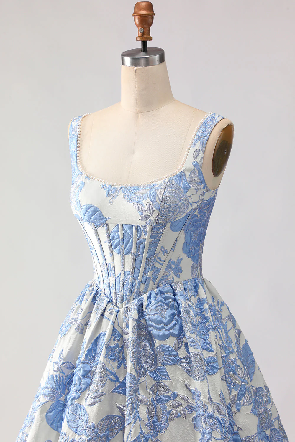 Corset de bal Jacquard brocart A-Line A-Line Bleu clair Longue robe de bal avec des perles - Image 6
