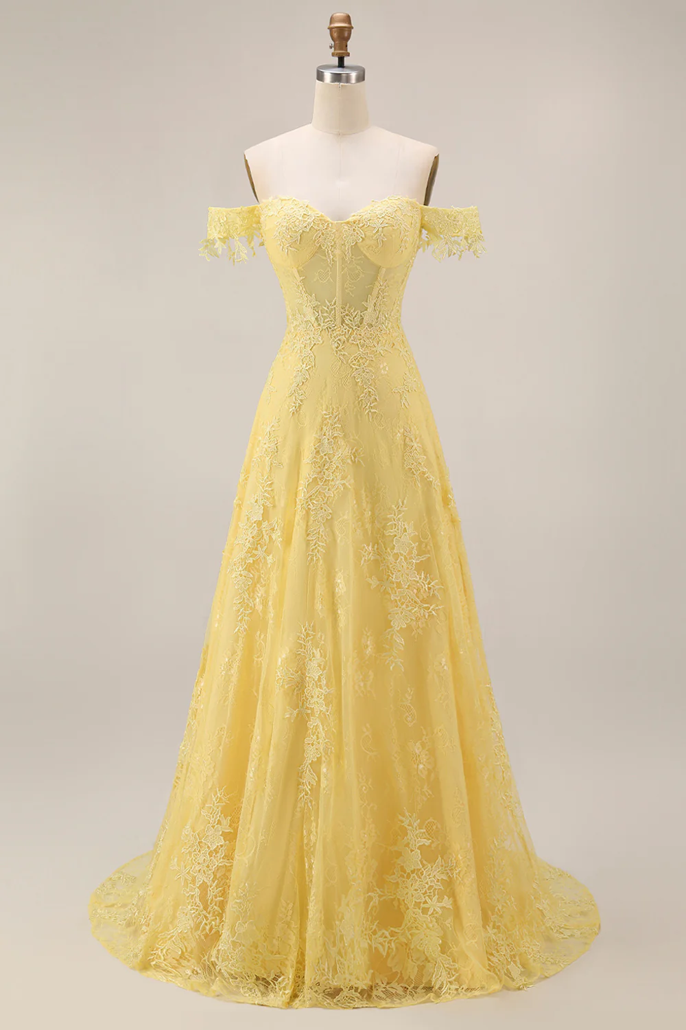 Corset de bal jaune en dentelle à épaules dénudées, robe longue de bal - Image 3