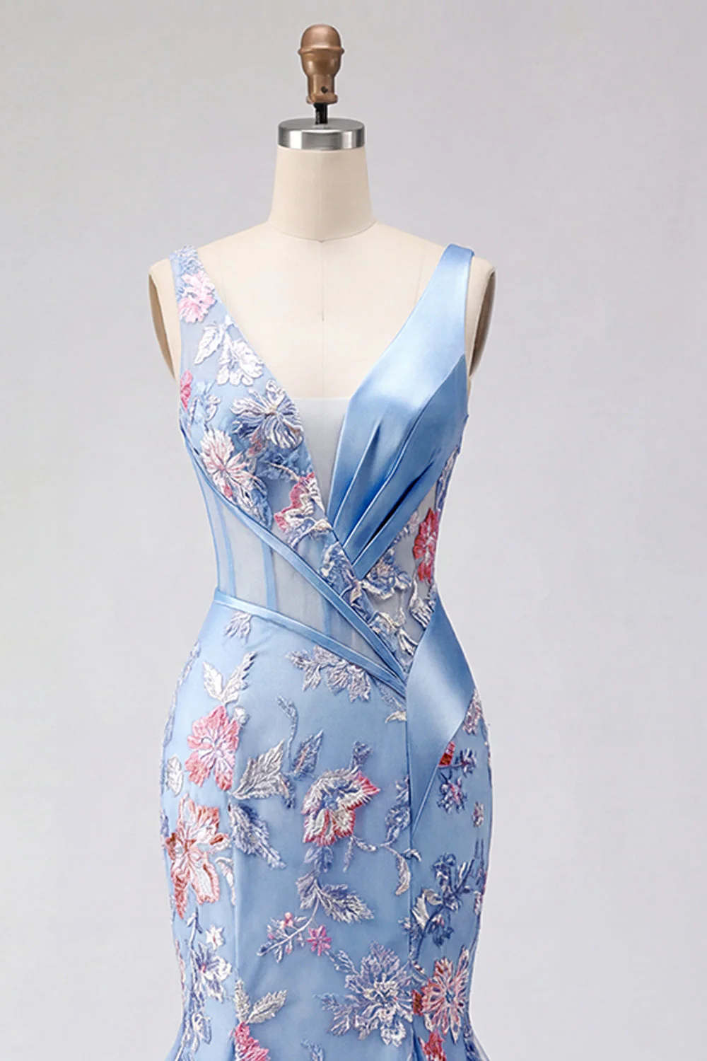 Corset de bal long à col en V bleu sirène fleuri - Image 5