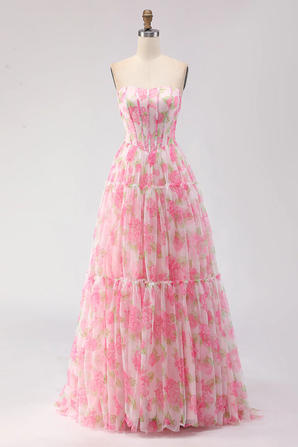 Corset de bal long à motif floral rose à motifs floraux sans bretelles A Line