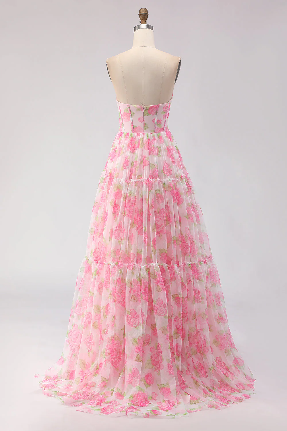 Corset de bal long à motif floral rose à motifs floraux sans bretelles A Line - Image 2