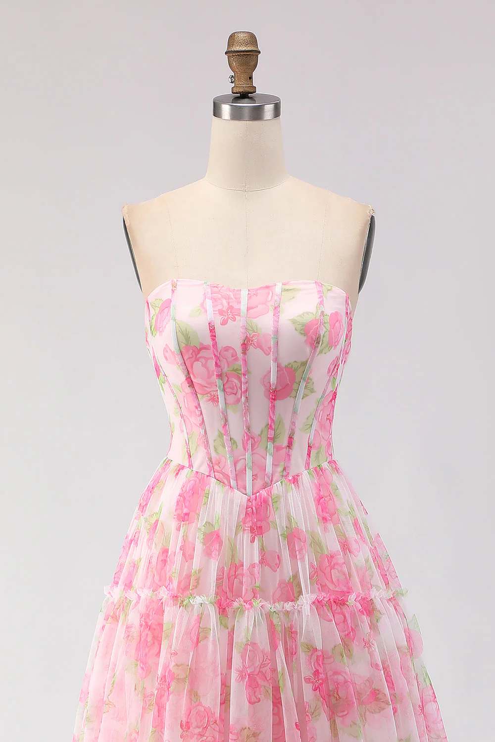 Corset de bal long à motif floral rose à motifs floraux sans bretelles A Line - Image 4