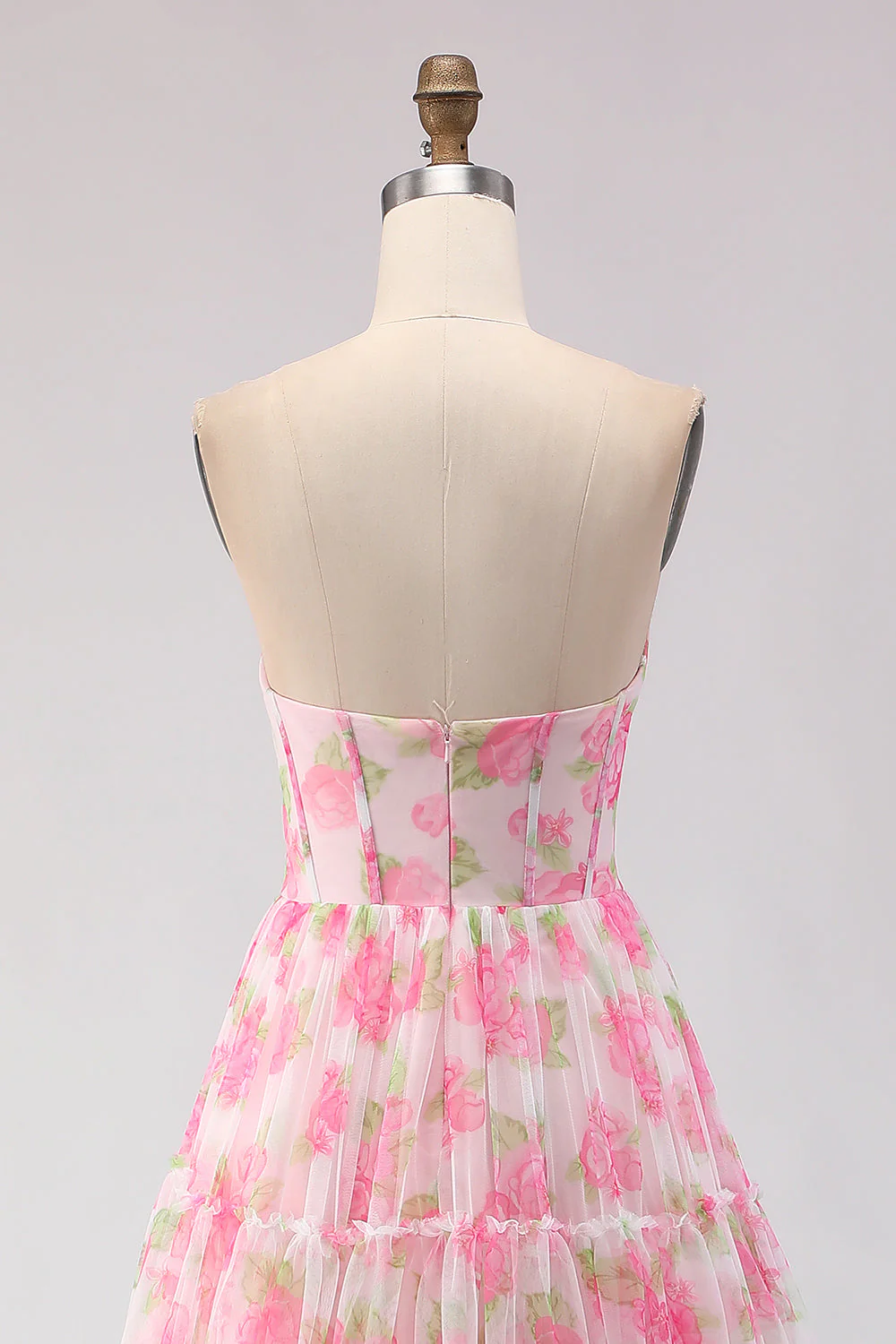 Corset de bal long à motif floral rose à motifs floraux sans bretelles A Line - Image 5