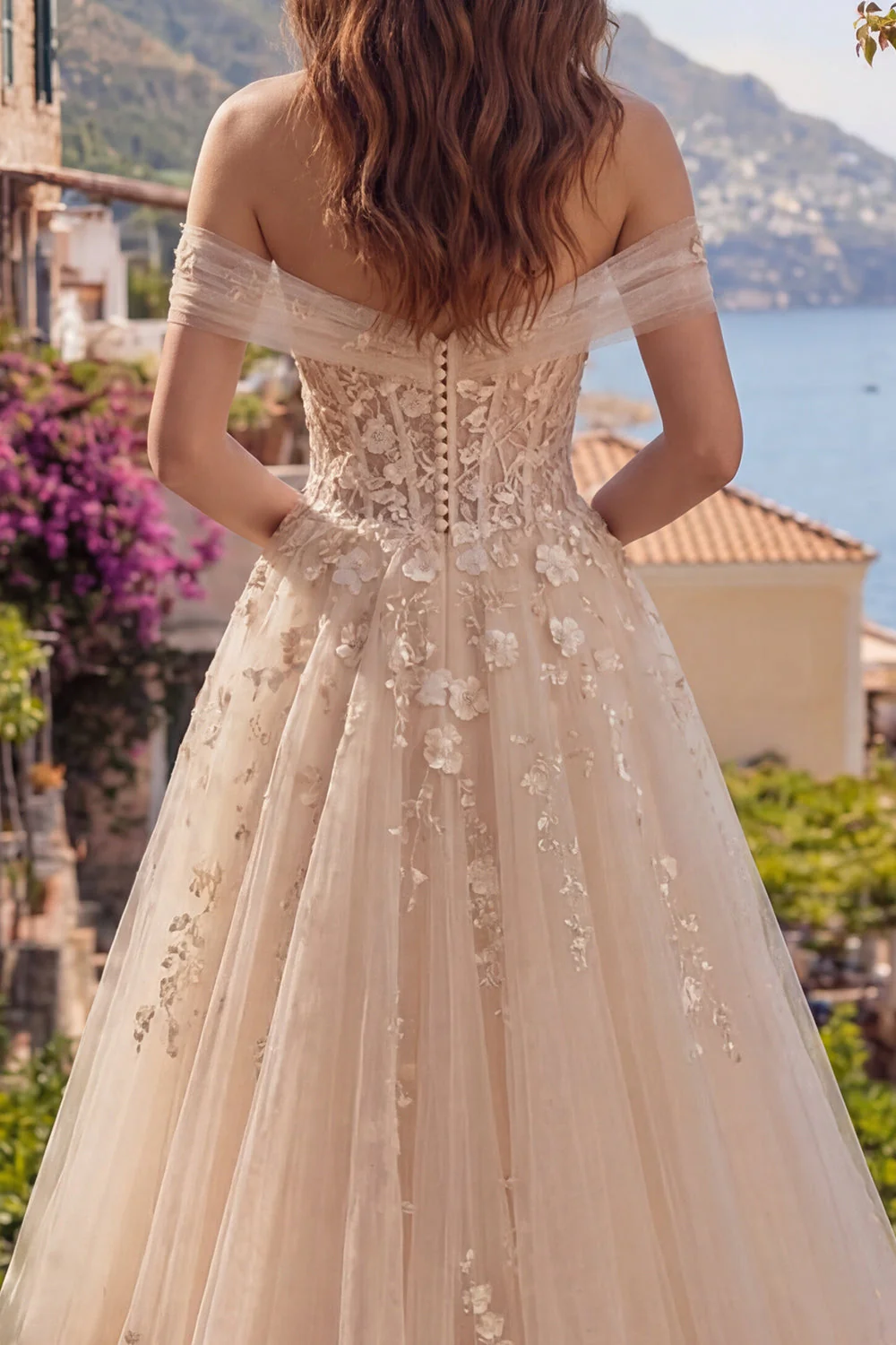 Corset de bal long corset décollé en A en Champagne avec des appliques - Image 3