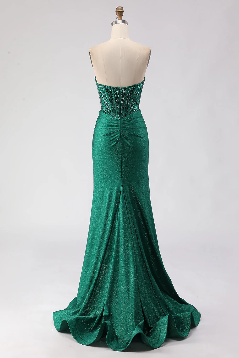 Corset de bal long corset perlé en forme de sirène vert foncé à paillettes, fente - Image 2