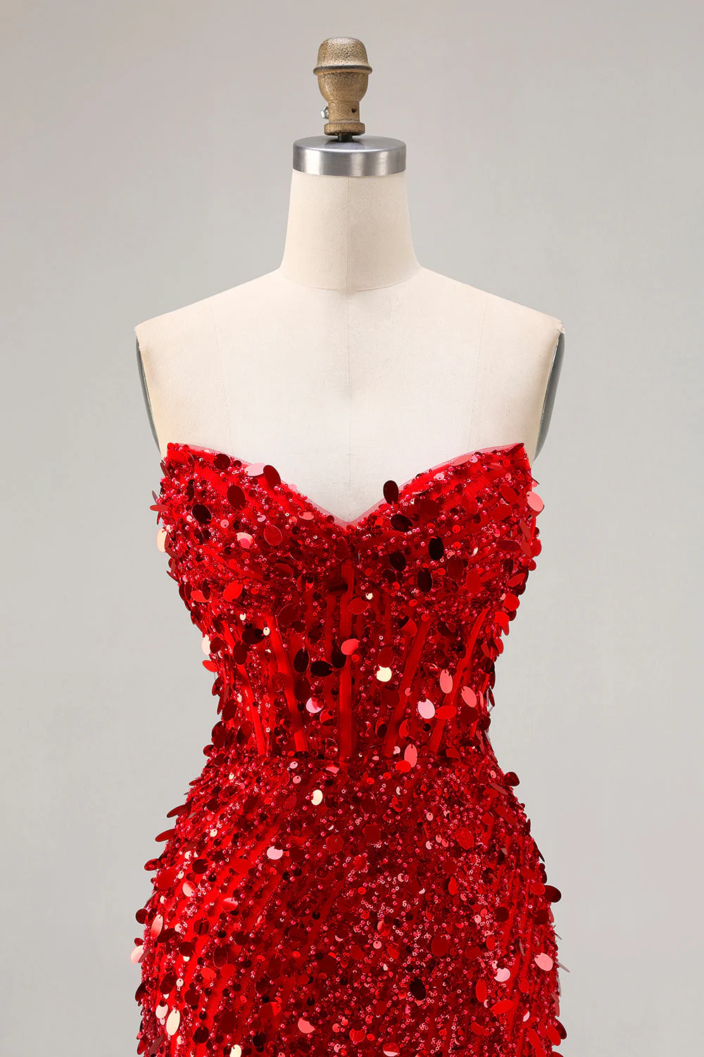 Robe de soirée longue sirène corset sans bretelles argentée scintillante avec fente - Image 29