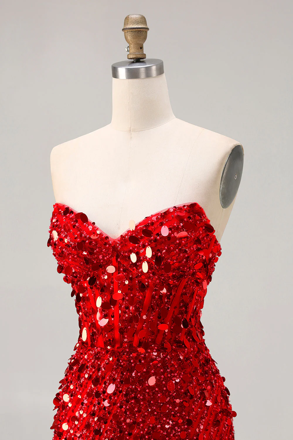 Robe de soirée longue sirène corset sans bretelles argentée scintillante avec fente - Image 31