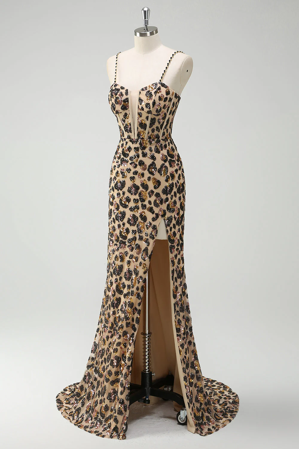 Corset de bal long de promo sirène, kaki kaki, paillettes léopard, grande taille - Image 6