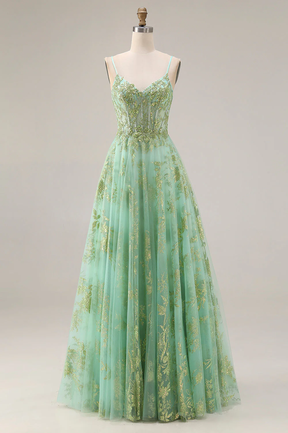 Corset de bal long long en tulle vert ligne A perlée avec des sequins