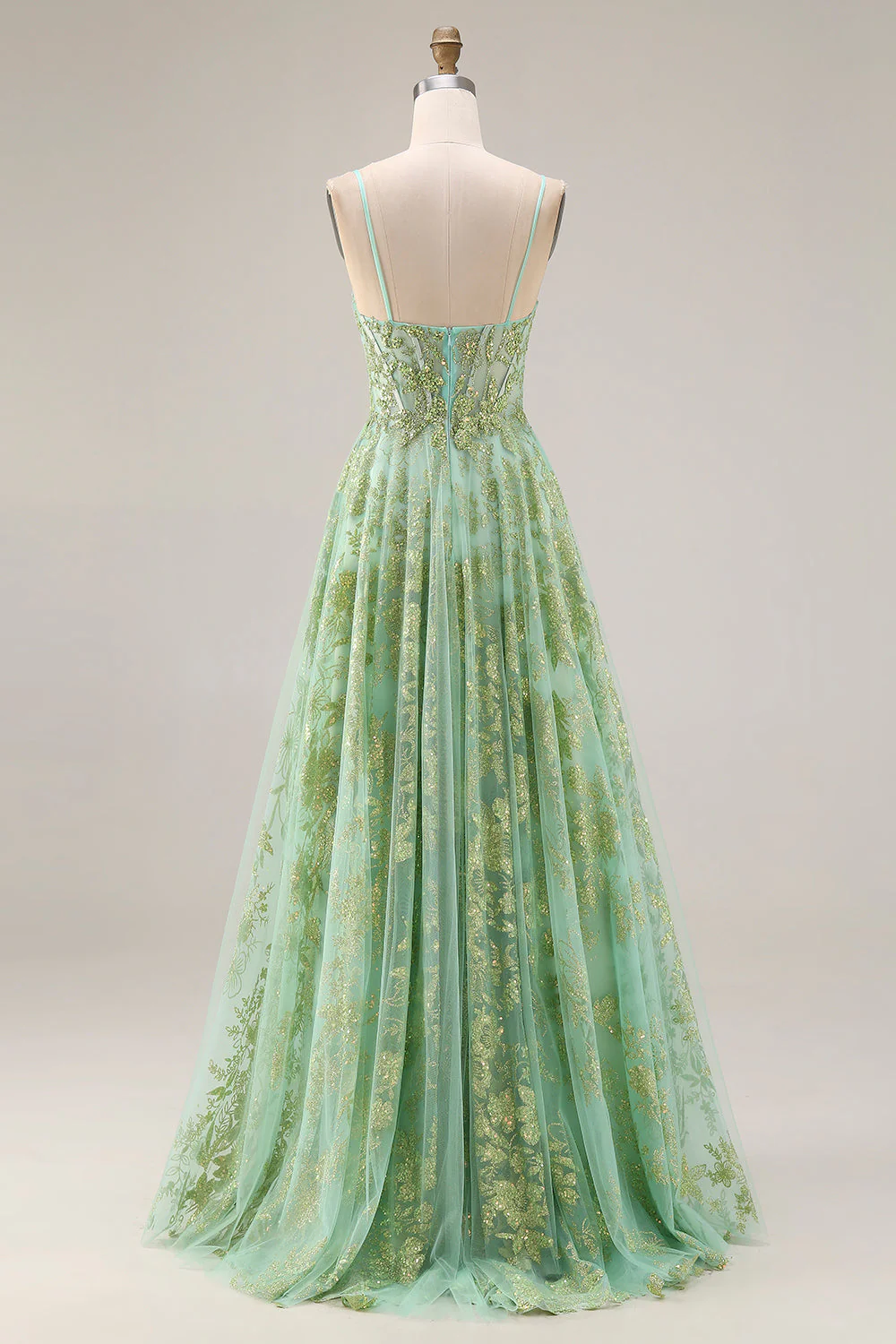 Corset de bal long long en tulle vert ligne A perlée avec des sequins - Image 2
