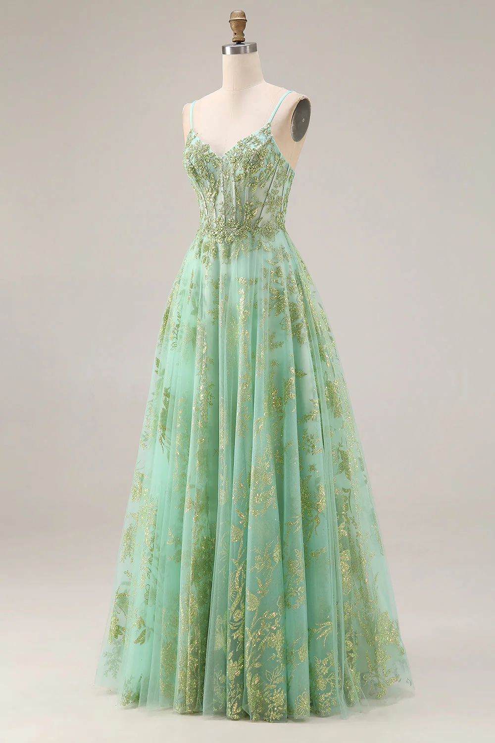 Corset de bal long long en tulle vert ligne A perlée avec des sequins - Image 3
