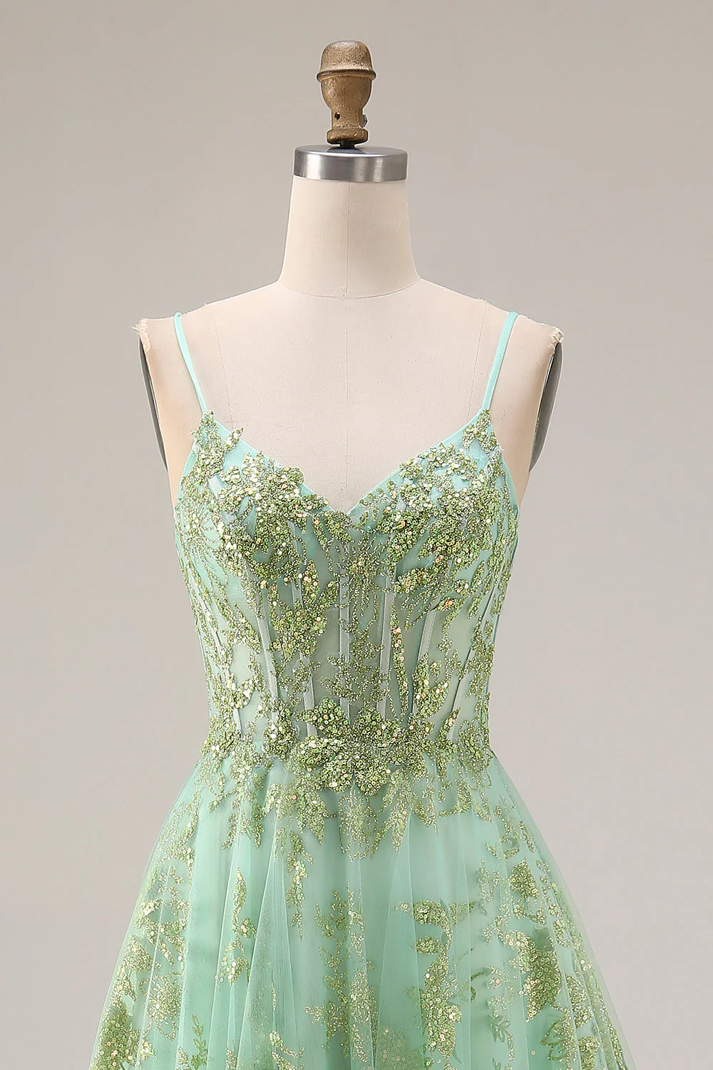 Corset de bal long long en tulle vert ligne A perlée avec des sequins - Image 4
